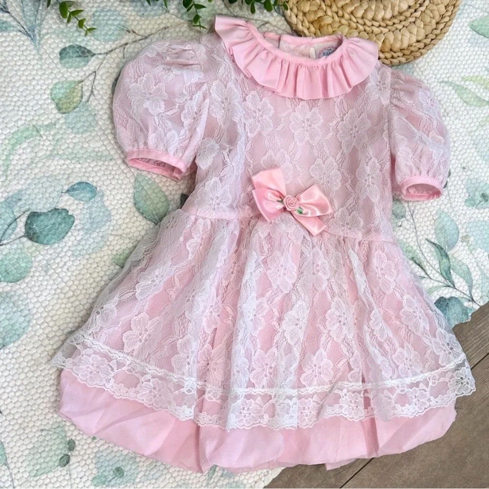 Vintage Toddler Girl Dress Pink White Floral Lace by Ribbons & Lace Collection